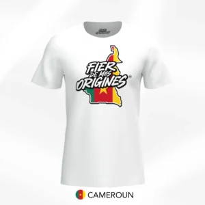 Tee Shirt blanc manche courte Fier de Mes Origines. Grand Drapeau Cameroun