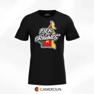 Tee Shirt noir manche courte Fier de Mes Origines. Grand Drapeau Cameroun
